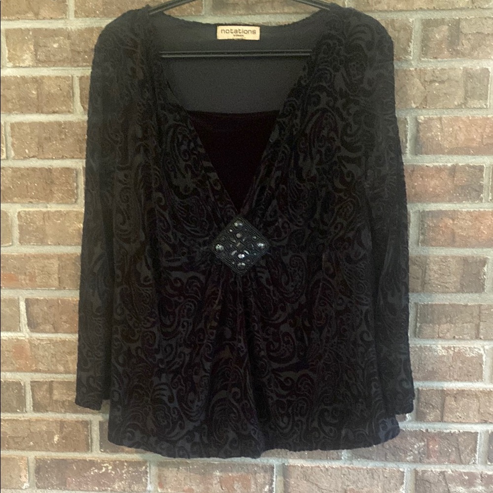 Notations Special Event Black Patterned Velvet Bejeweled Blouse